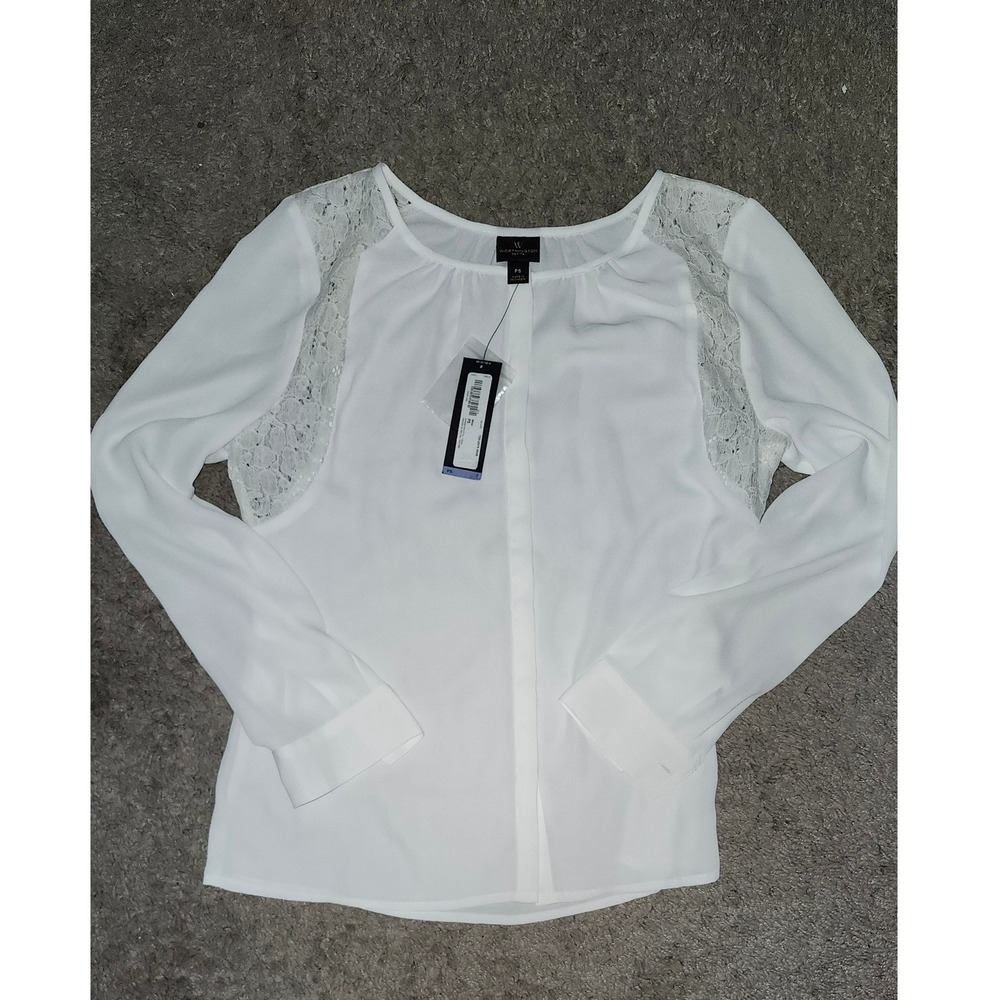 Worthington Petite White Lace Shoulder Long Sleeve Hidden Button Blouse PS NEW